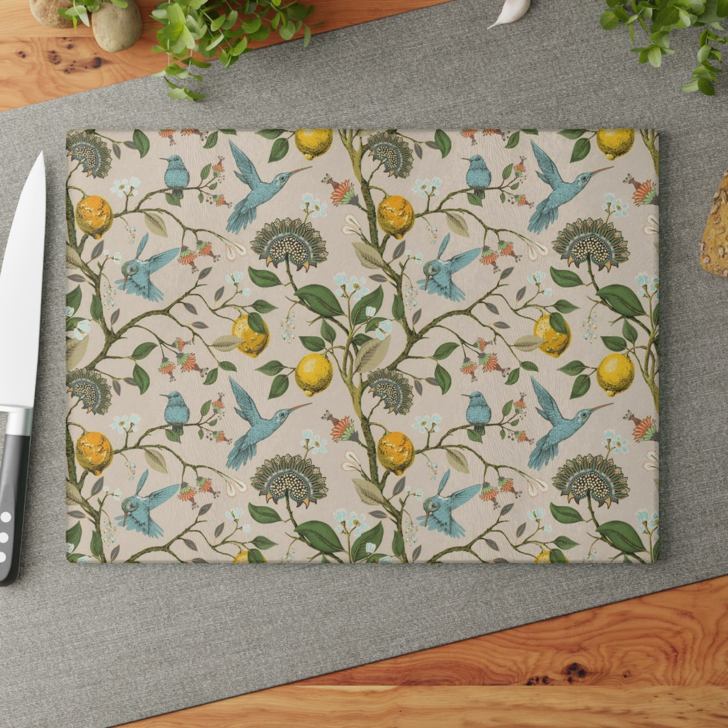 Decorative Glass Cutting Board with Hummingbird Pattern