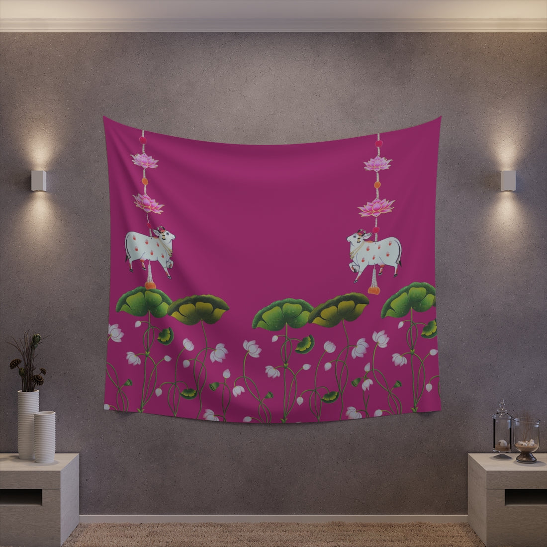 Pichwai Cow Pooja Backdrop Pink