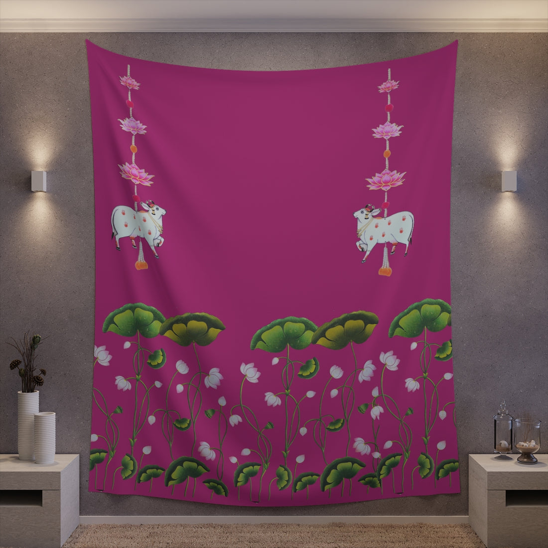 Pichwai Cow Pooja Backdrop Pink