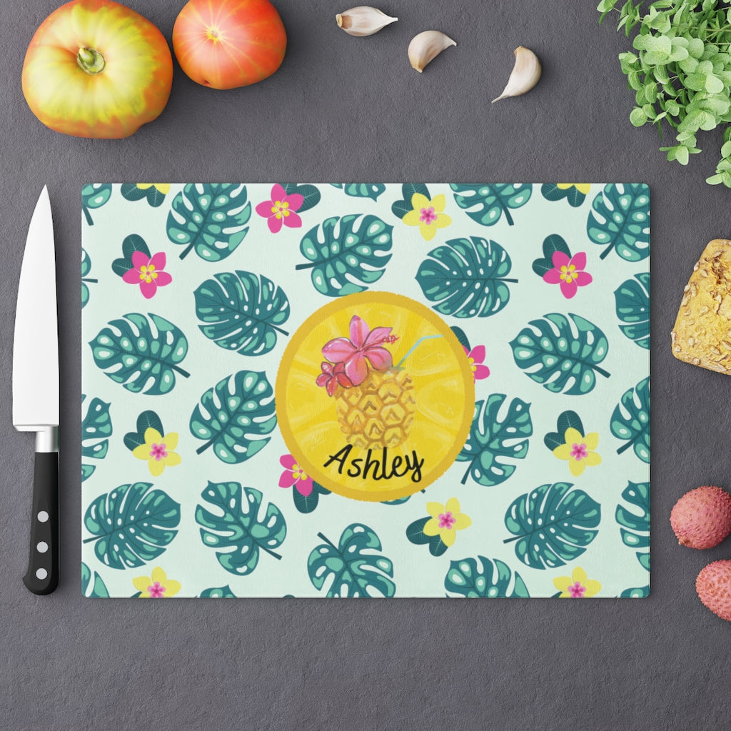 Hawaiian Flowers Glass Cutting Board