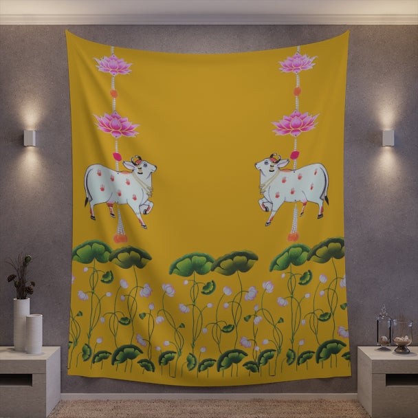 Pichwai Cow Pooja Backdrop Yellow