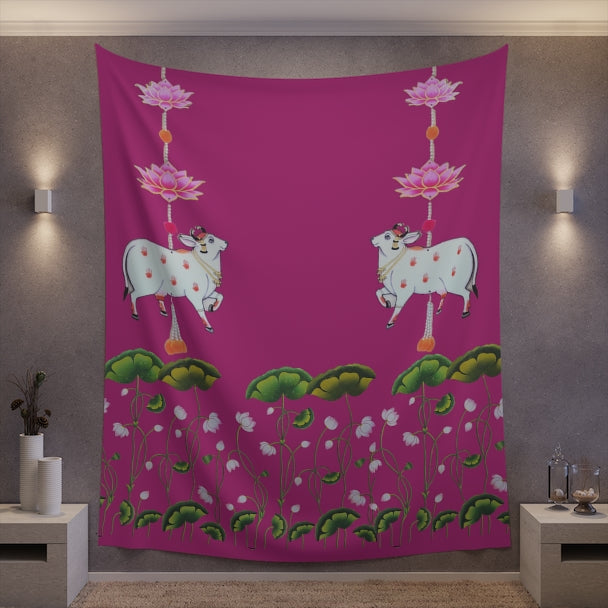 Pichwai Cow Pooja Backdrop Pink